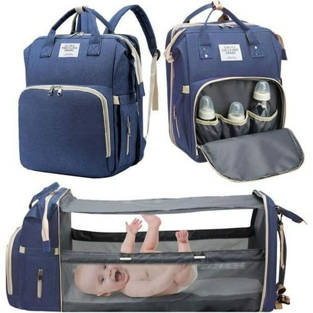 Mochila 3 En 1 Pañalera Cuna Y Mudador Portátil Para Bebés Azul-3