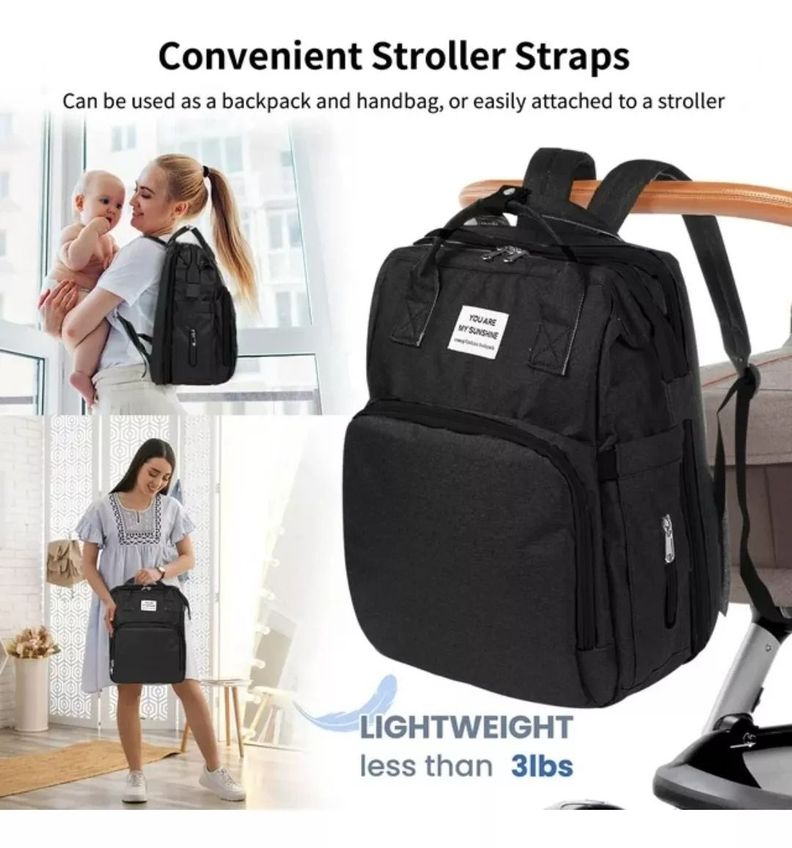 Mochila 3 En 1 Pañalera Cuna Y Mudador Portátil Para Bebés Negro-3