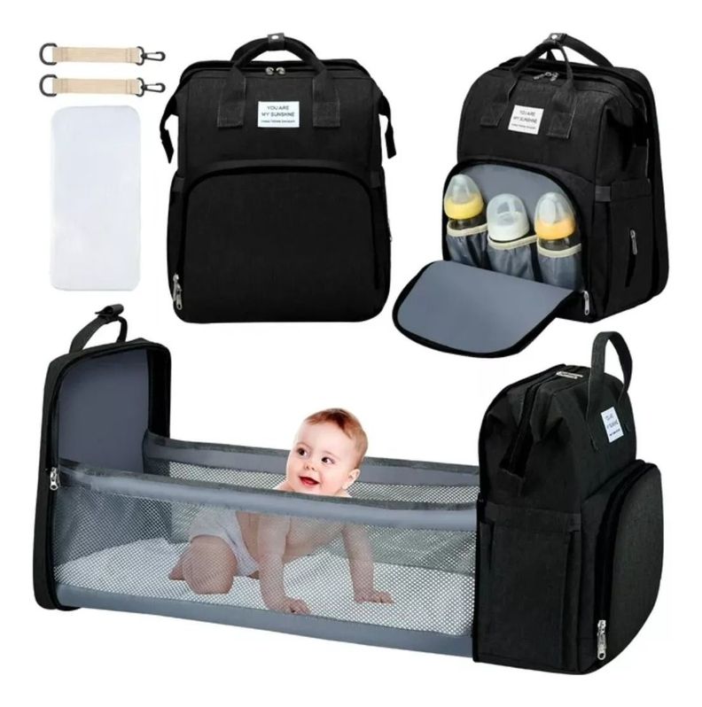 Mochila 3 En 1 Pañalera Cuna Y Mudador Portátil Para Bebés Negro-5