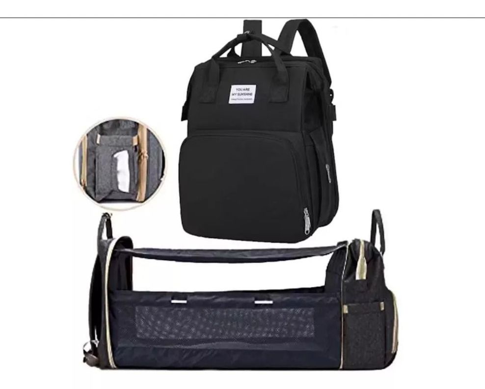 Mochila 3 En 1 Pañalera Cuna Y Mudador Portátil Para Bebés Negro-6