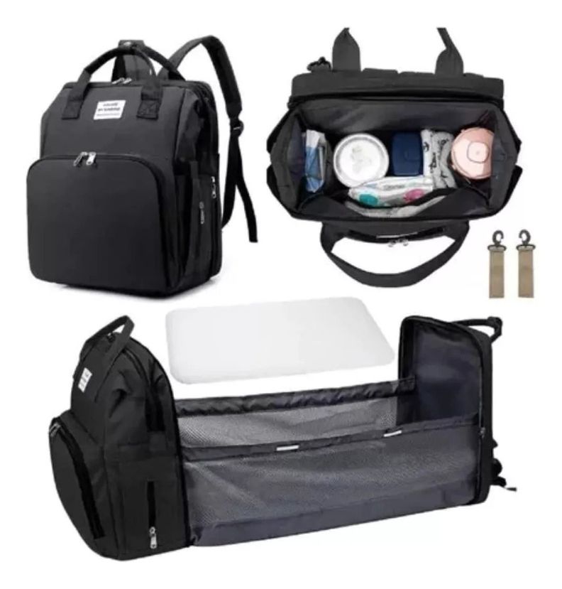 Mochila 3 En 1 Pañalera Cuna Y Mudador Portátil Para Bebés Negro-7