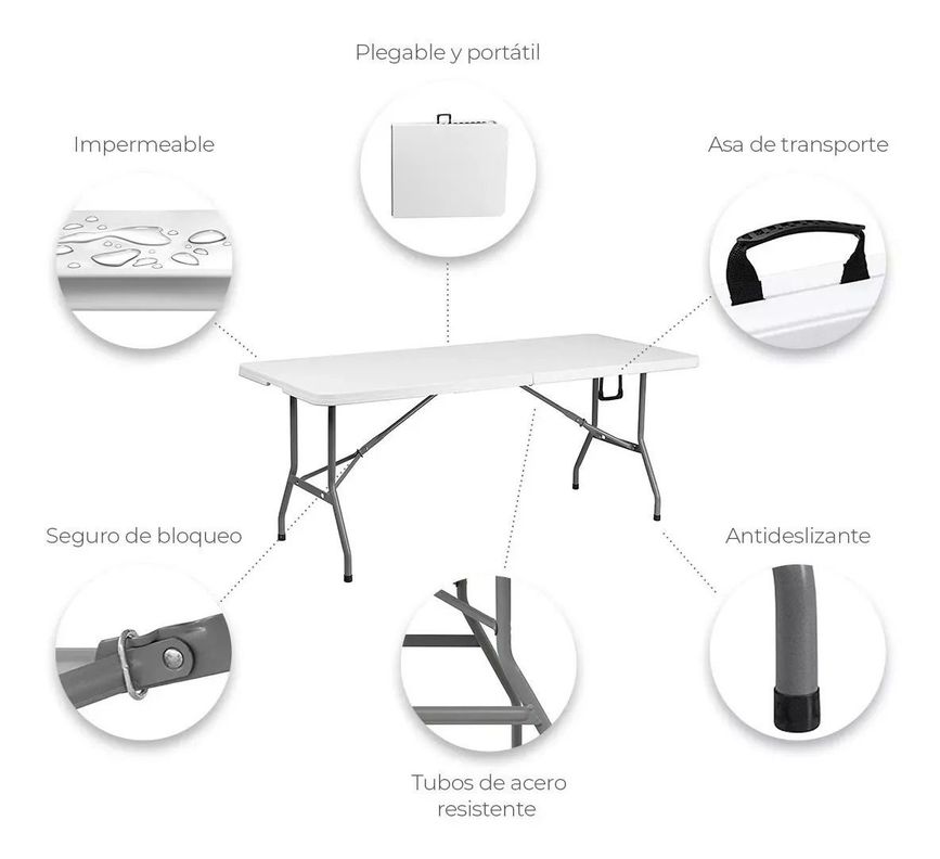 Mesa Plegable Camping 180 X 75 Cms Portátil Color Blanco-3