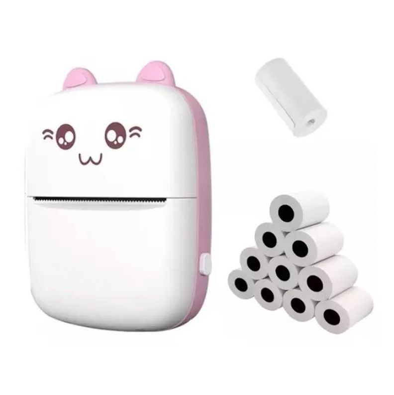 Mini Impresora Térmica Portátil Bluetooth Gatito + 11 Rollos Rosado-0