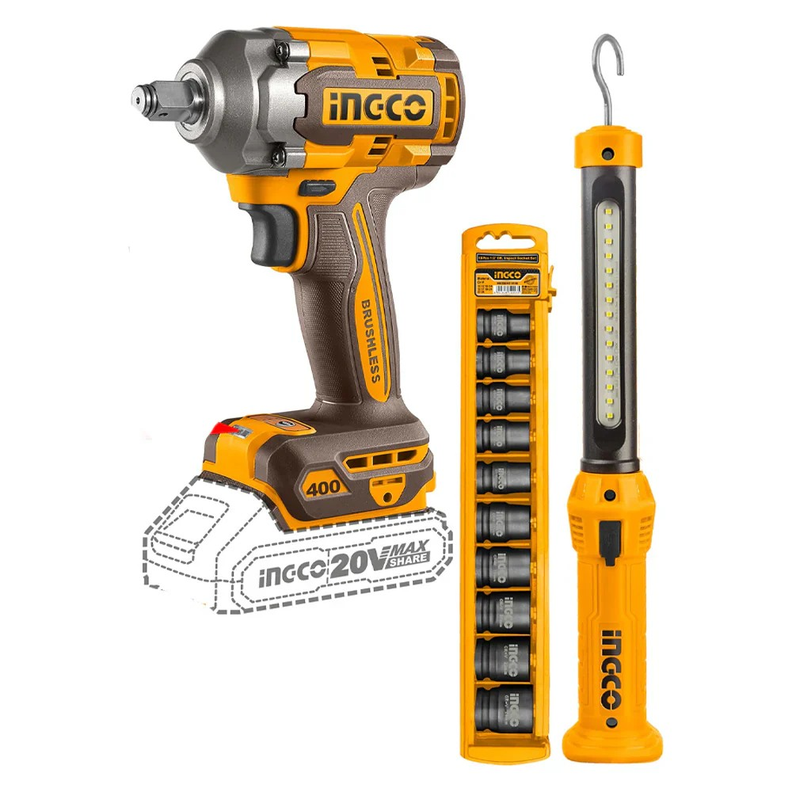 Pistola Llave de Impacto 400 Nm + 2 bat + 10 dados + Linterna Ingco-1