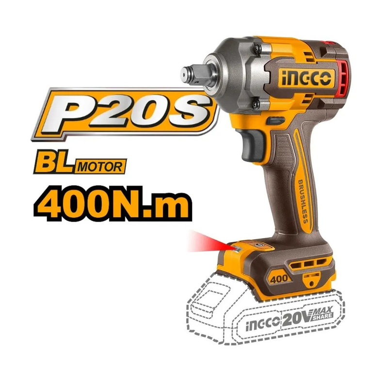 Pistola Llave de Impacto 400 Nm + 2 bat + 10 dados + Linterna Ingco-2