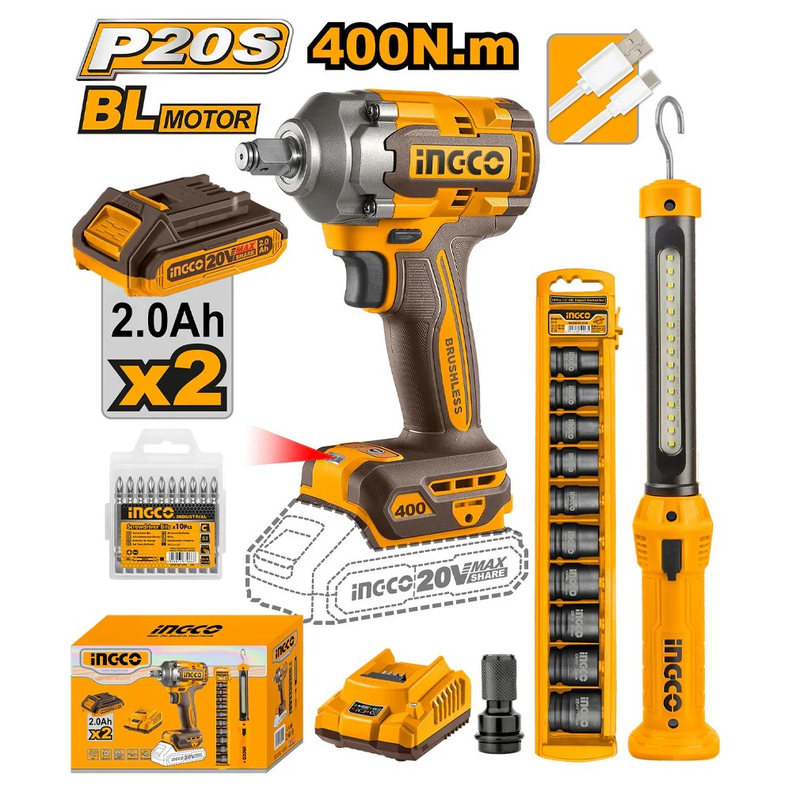 Pistola Llave de Impacto 400 Nm + 2 bat + 10 dados + Linterna Ingco-5