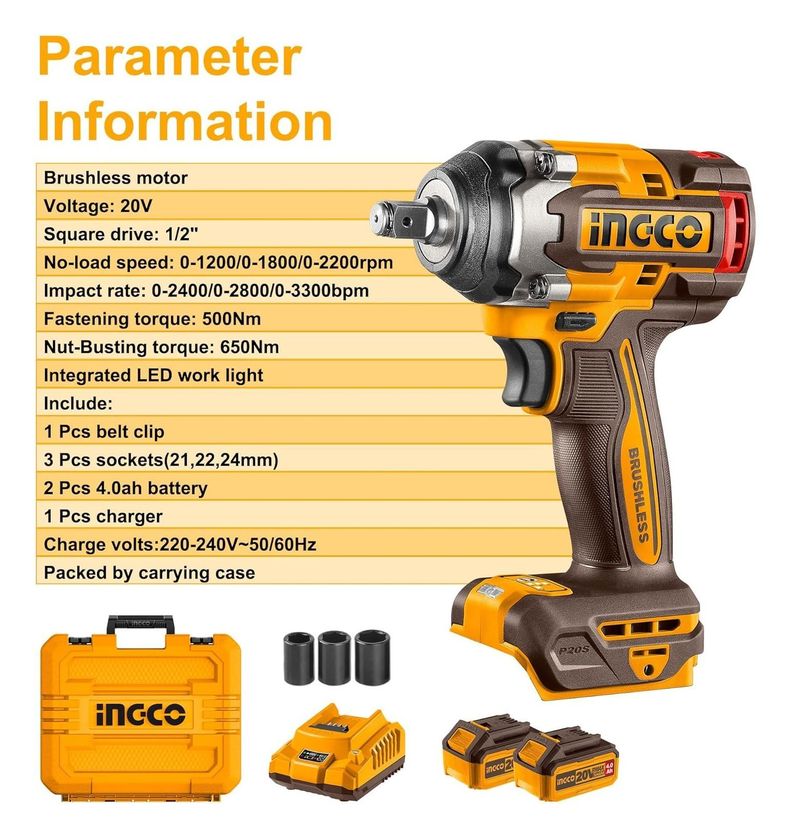 Llave Pistola Impacto Ingco Bl 1/2 20v 500nm Ciwli2050 + Acc-3