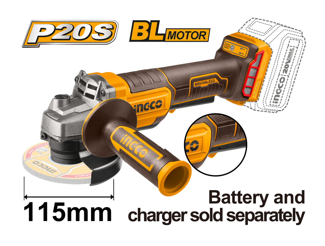 Esmeril Inalámbrico Ingco 4 1/2 20v Brushless Cagli211156-6