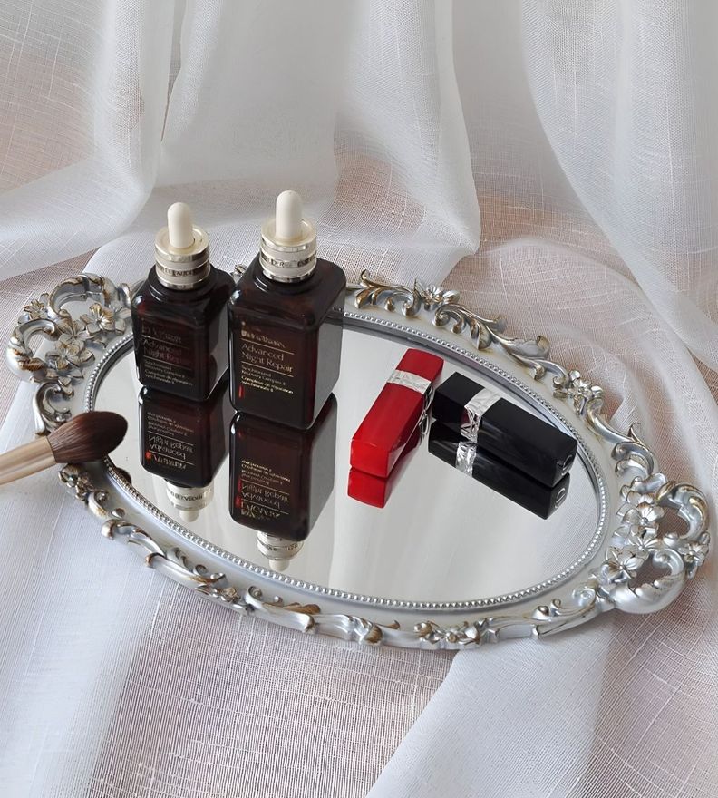 Set 2 Bandeja Espejo Plateada Decorativa Organizador Jhn-1