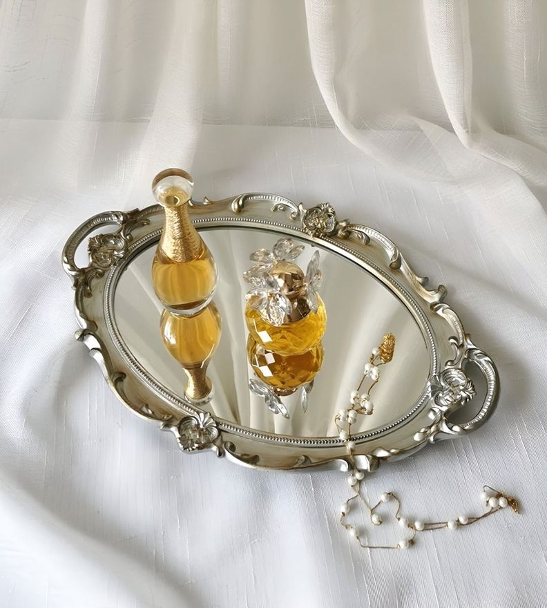 Set 2 Bandeja Espejo Plateada Decorativa Organizador Jhn-4