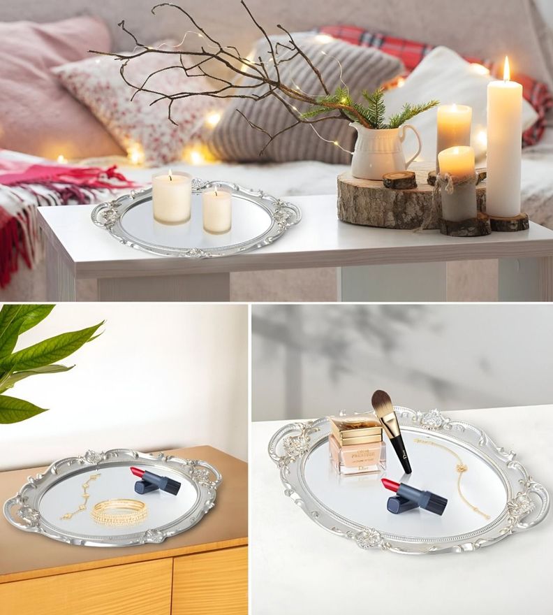 Set 2 Bandeja Espejo Plateada Decorativa Organizador Jhn-9