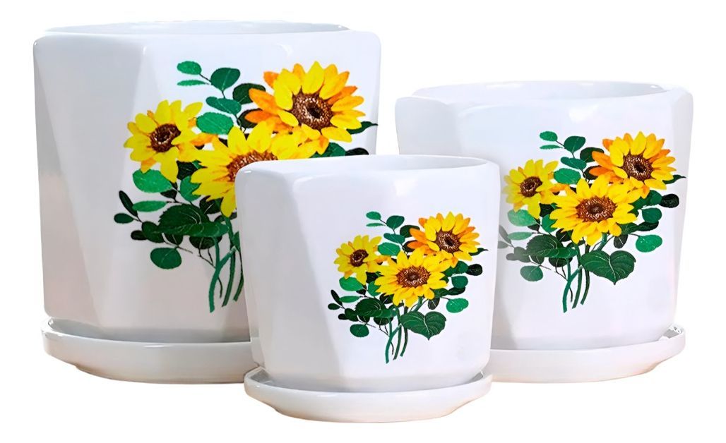 Set 3 Macetas Girasol Cerámica Plantas Jardín Decoración Jhn-0