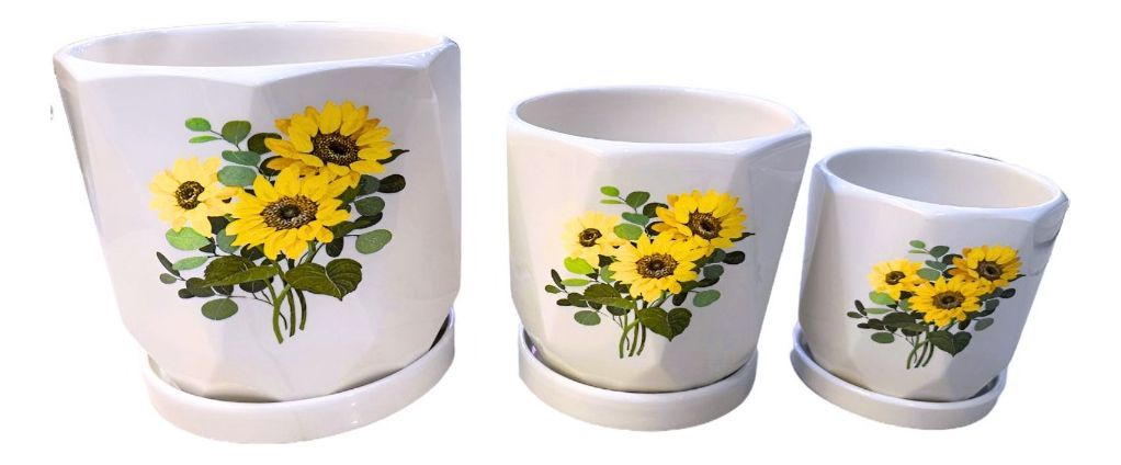 Set 3 Macetas Girasol Cerámica Plantas Jardín Decoración Jhn-1