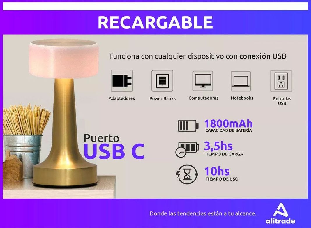 Lampara LED Recargable Inalambrica Tactil Dimmer Lau-1