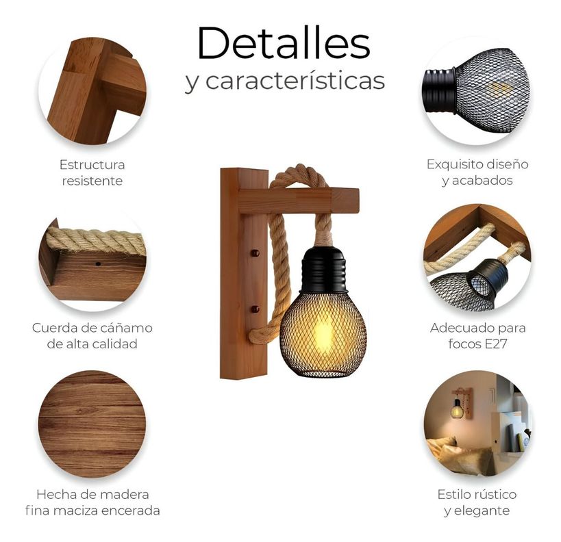 Lámpara Pared Madera Soga Vintage Rústica Retro Jhn-8