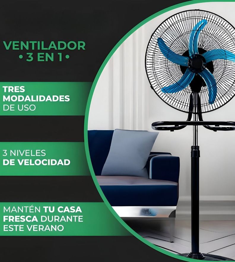 Ventilador Pedestal 3 En 1 Alta Potencia 5 Aspas Negro Jhn-7