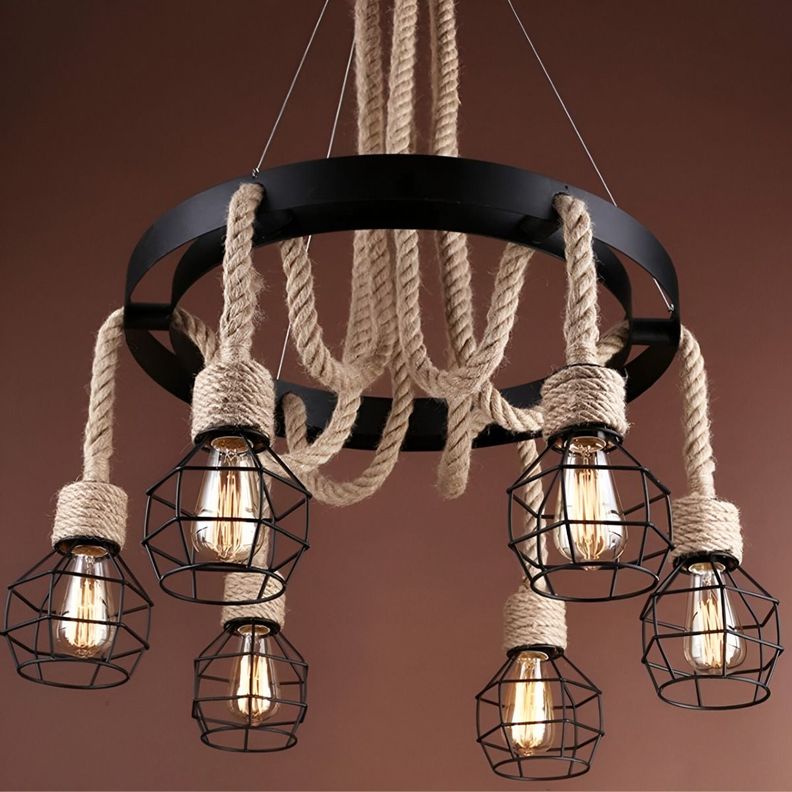 Lámpara Colgante Techo Cáñamo Vintage 8 Jaulas Jhn-6