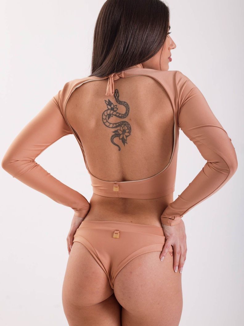 Daikiri Bikini Surf Mujer Cafe Liso Manga Larga Ajustable Protección UV 50+-1