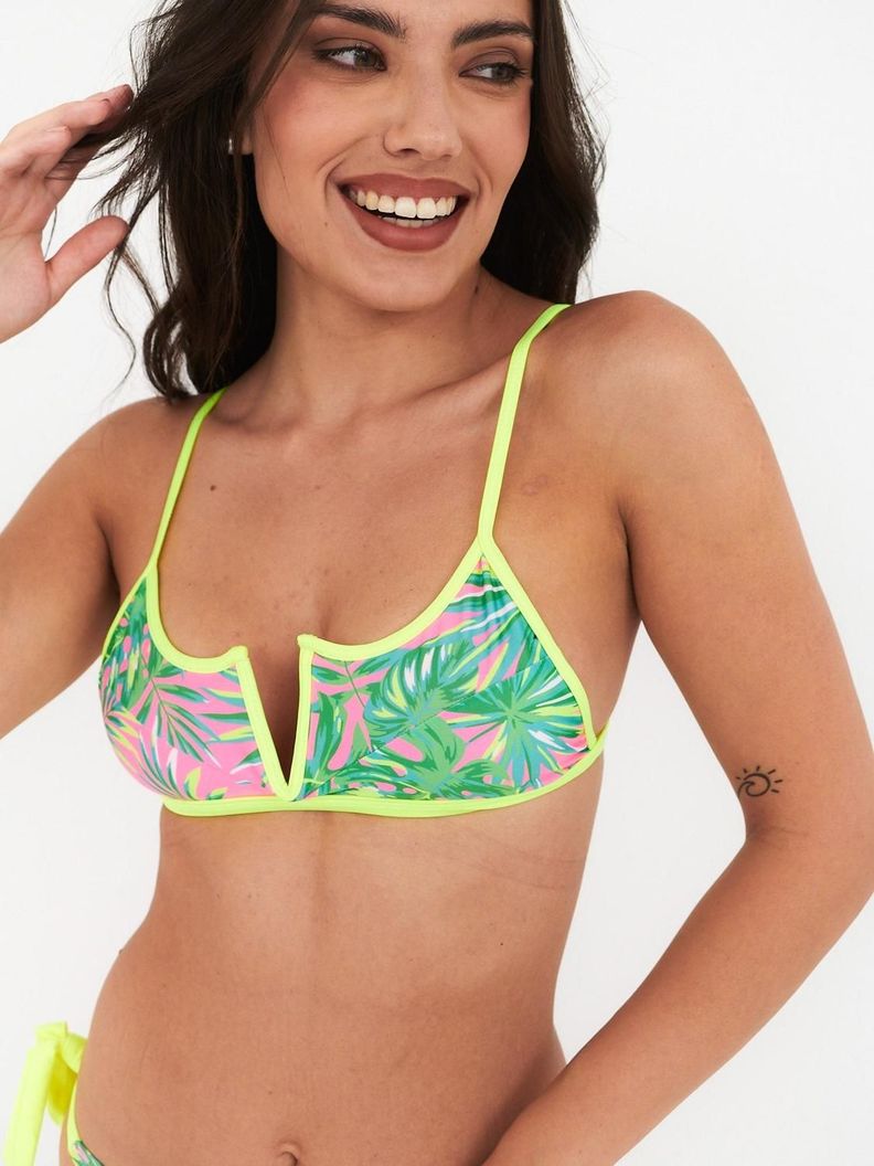 Top de Bikini Daikiri Mujer Escote V Hojas Rosa Fluor Filtro UV50+