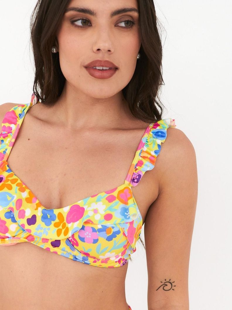 Top de Bikini Daikiri Mujer Horma Vuelos Flores Amarillo Fluor Filtro UV50+
