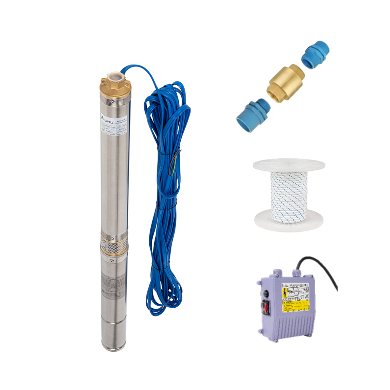 KIT BOMBA SUMERGIBLE POZO ALLWELL 3" 0.75HP 3SDM1.8/21-0.55 + ACC DE INSTALACION Acero