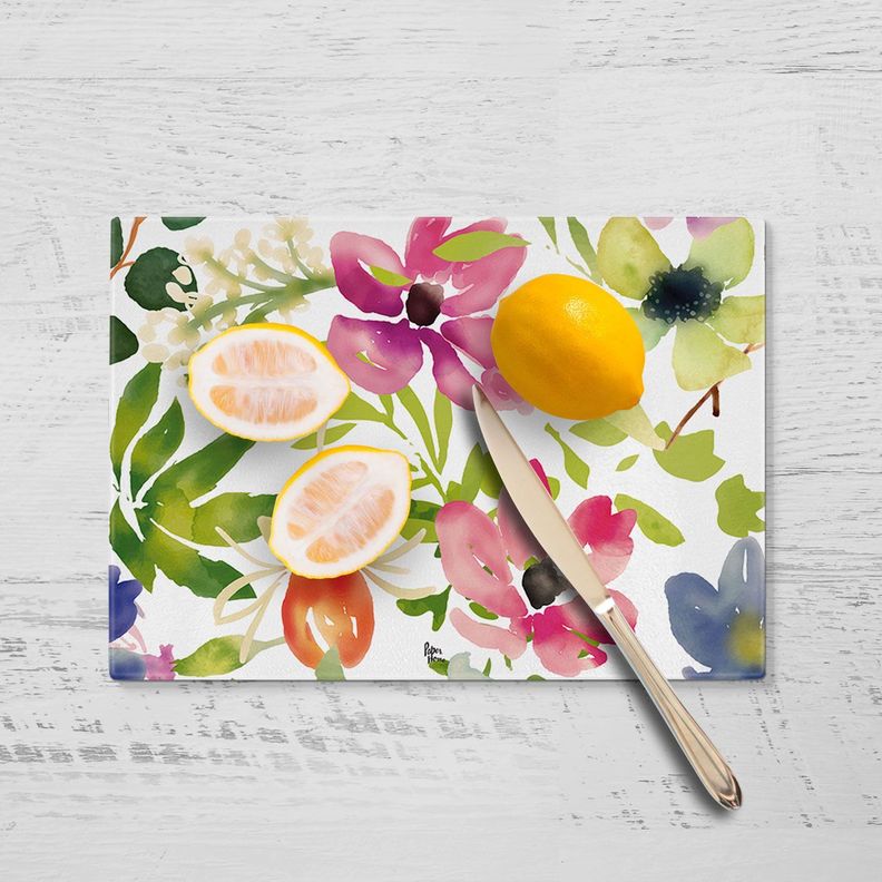 Tabla para cortar o picar de vidrio 28,5 x 20 cm flores Paper Home-1