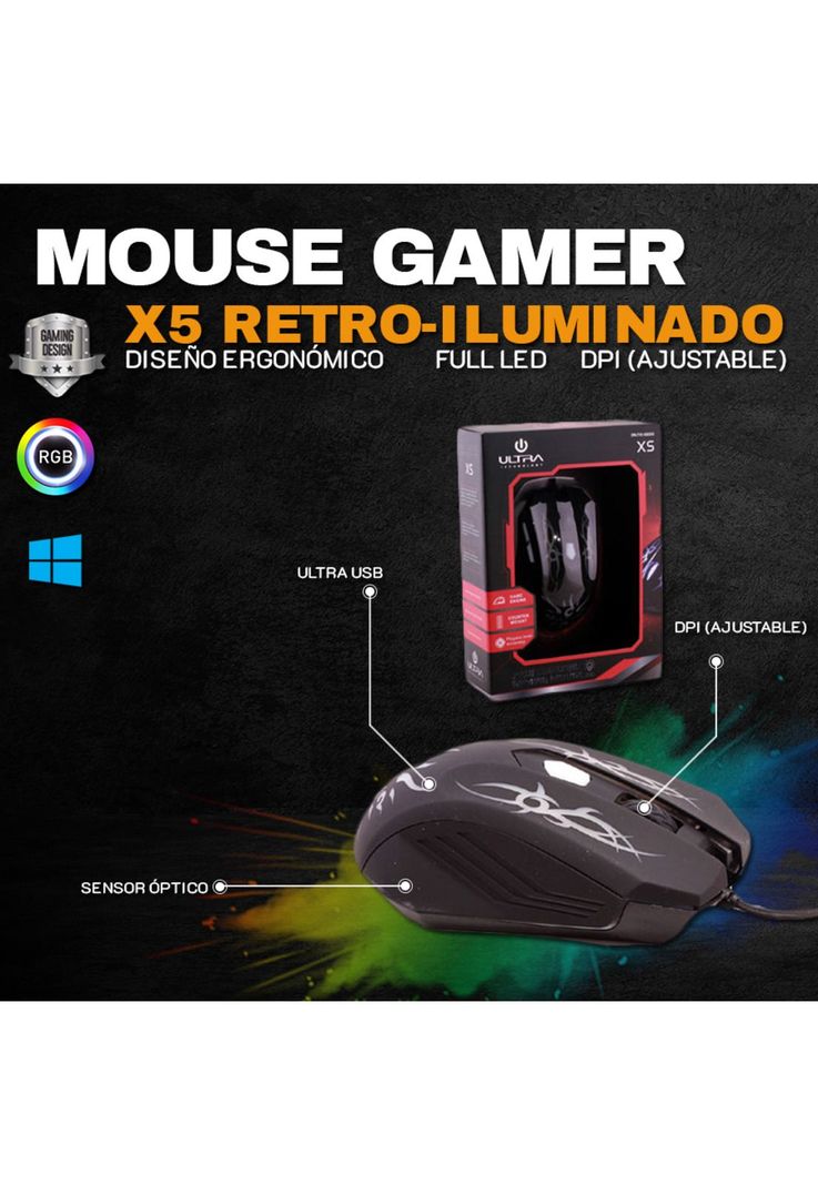 Mouse Alámbrico Ultra X 5 Retro Iluminado Gaming -2