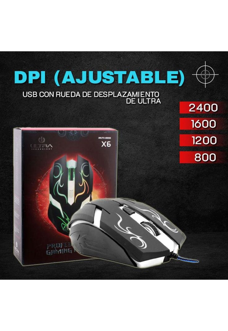 Mouse Alámbrico Ultra x6 Retro Gaming 6 Botones Dpi 2400-2