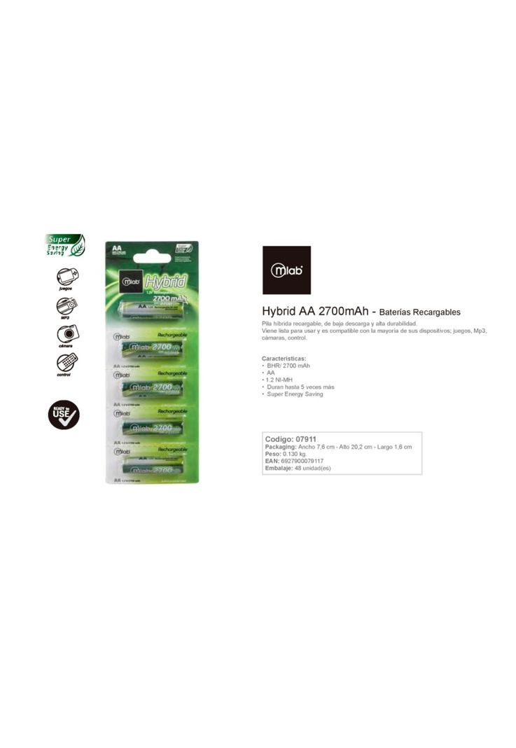 Pilas AA Recargables Pack 5 Mlab 7911 Hibrid Rec 2.700mah-1