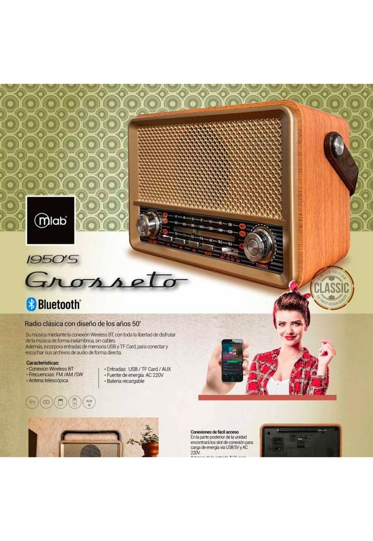 Radio Portátil Bluetooth Retro Grosseto Mlab 9142-3