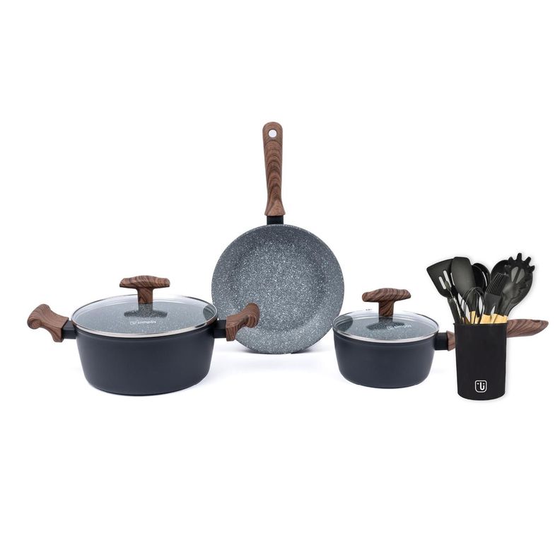 Bateria Cocina Oregon 5pzs + Set 12 Utensilios Negro