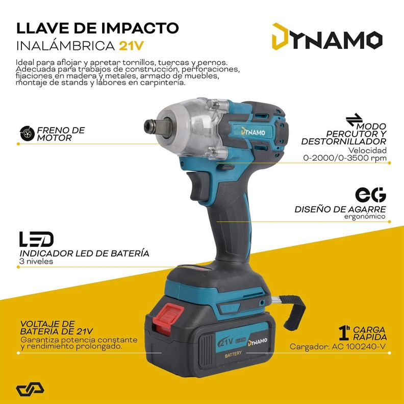 Llave de Impacto Inalámbrica Dynamo 21V + 2 Baterias y Acss-1