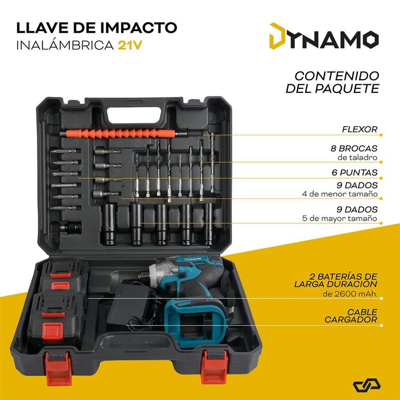 Llave de Impacto Inalámbrica Dynamo 21V + 2 Baterias y Acss-3
