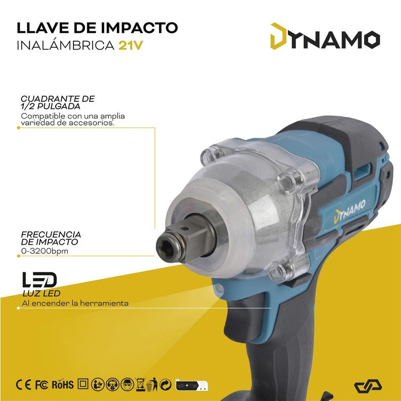 Llave de Impacto Inalámbrica Dynamo 21V + 2 Baterias y Acss-7