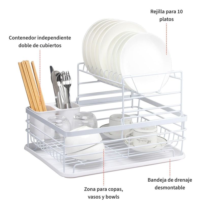 Secaplatos Escurridor 2 Niveles Acero Inox Blanco Simplit-4