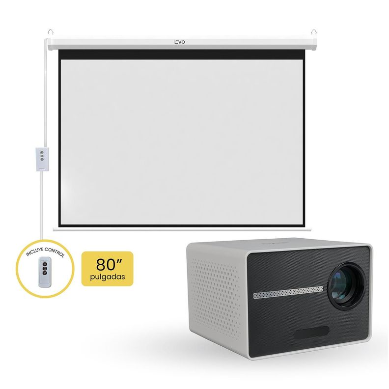 Proyector Portatil Halo 9000lm + Telón Electrico 80" LEVO-0