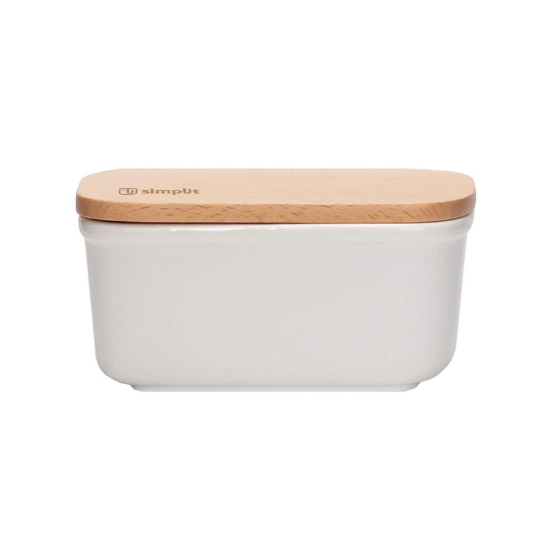 Mantequillero de Ceramica Tapa Bamboo 300 ml Simplit Blanco