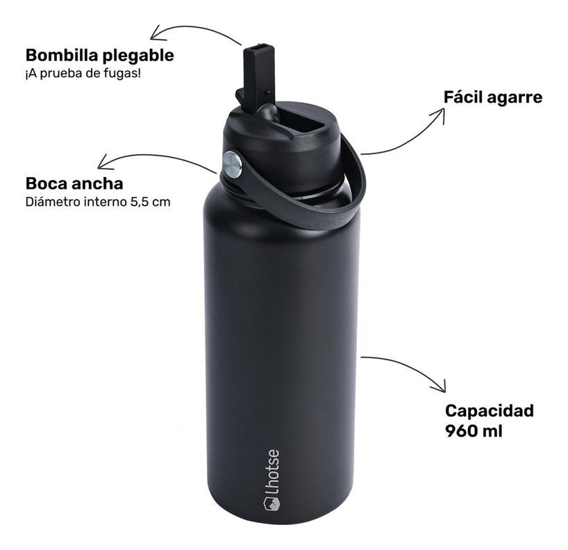 Botella Térmica Hydro Negro 960ml + 2 Tapas Lhotse-2