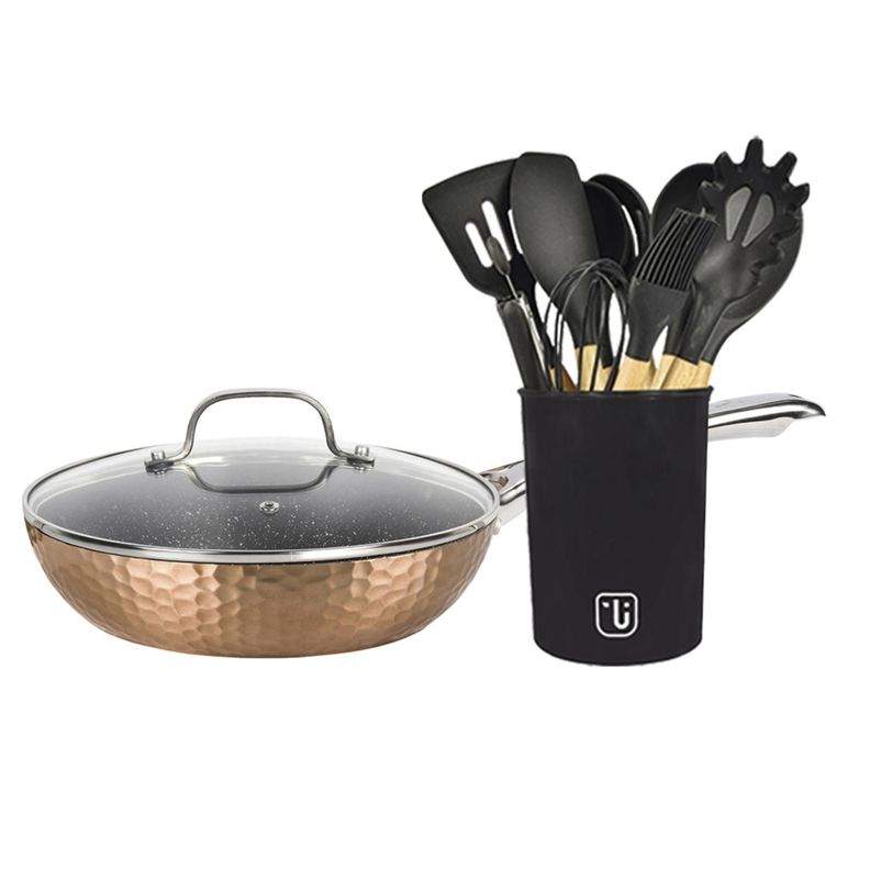 Kit Sarten Antiadherente Copper + Set 12 Utensilios Simplit Dorado