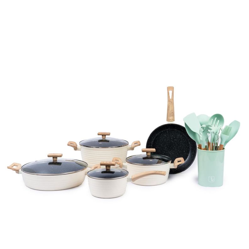 Bateria Cocina Savannah 9pzs + Set 12 Utensilios Calipso Crema