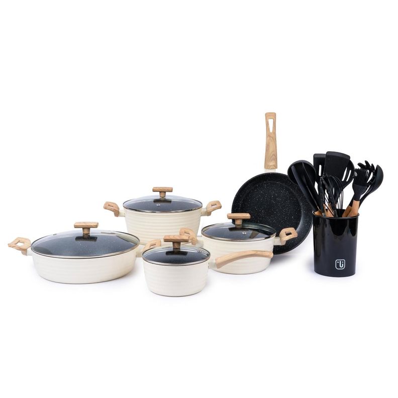 Bateria Cocina Savannah 9pzs + Set 12 Utensilios Negro Crema