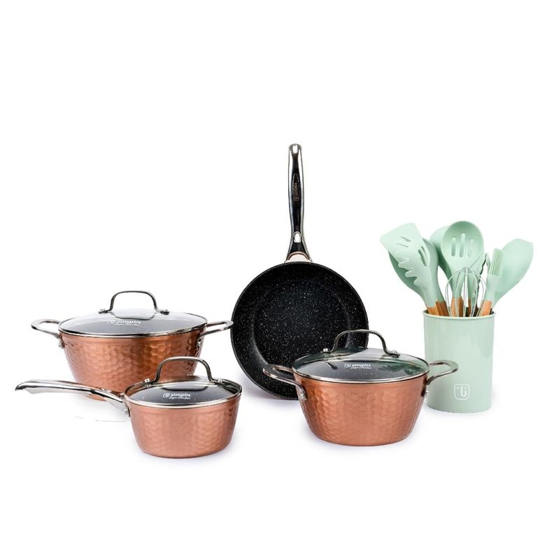 Bateria Cocina Copper 7pzs + Set 12 Utensilios Calipso Dorado