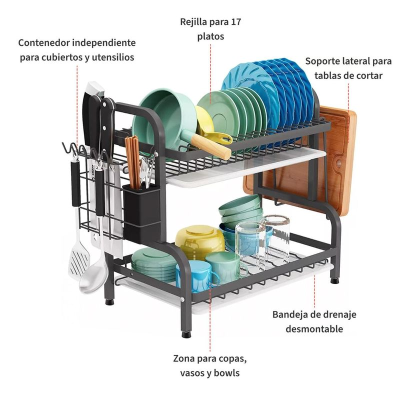 Secaplatos Escurridor 2 Niveles 17 Platos Negro Simplit-3