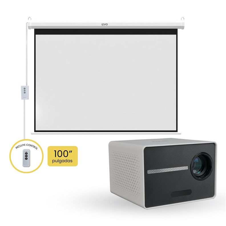 Proyector Portatil Halo 9000lm + Telón Electrico 100" LEVO-0