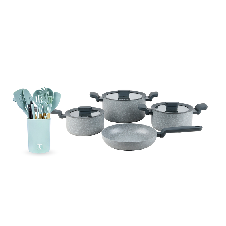 Bateria de Cocina Pompei + Set 12 Utensilios Calipso Simplit Gris