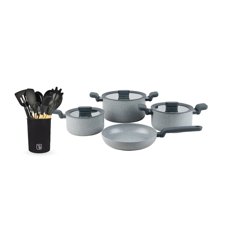 Bateria de Cocina Pompei + Set 12 Utensilios Negro Simplit Gris