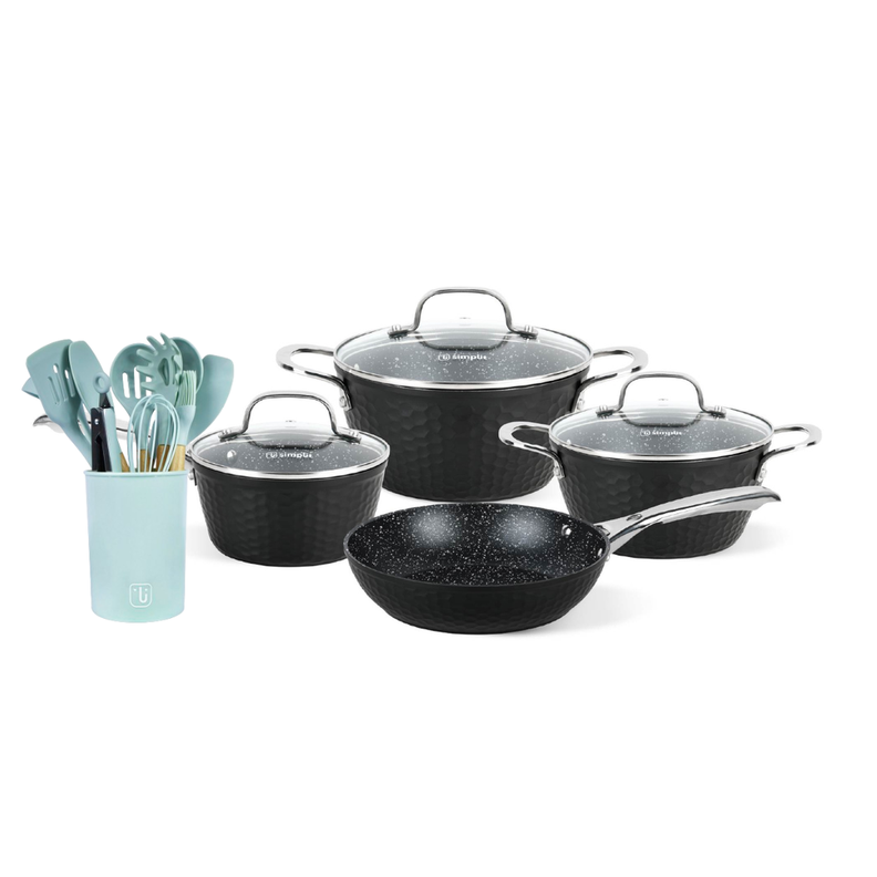 Bateria Cocina Black Copper 7pzs + Set 12 Utensilios Calipso Negro
