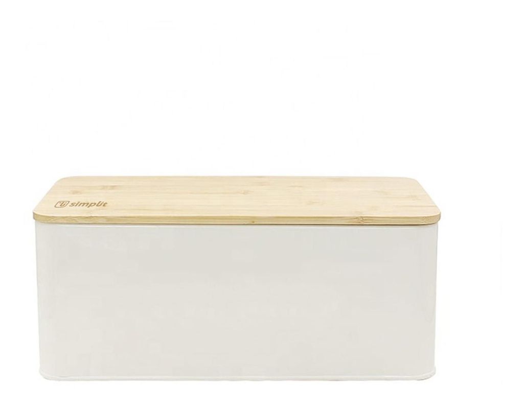 Panera Metálica con Tapa Bamboo Blanca Simplit-0