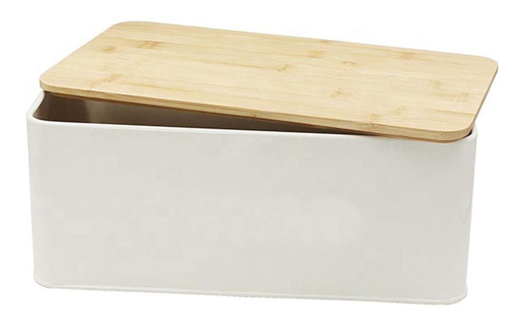 Panera Metálica con Tapa Bamboo Blanca Simplit-3