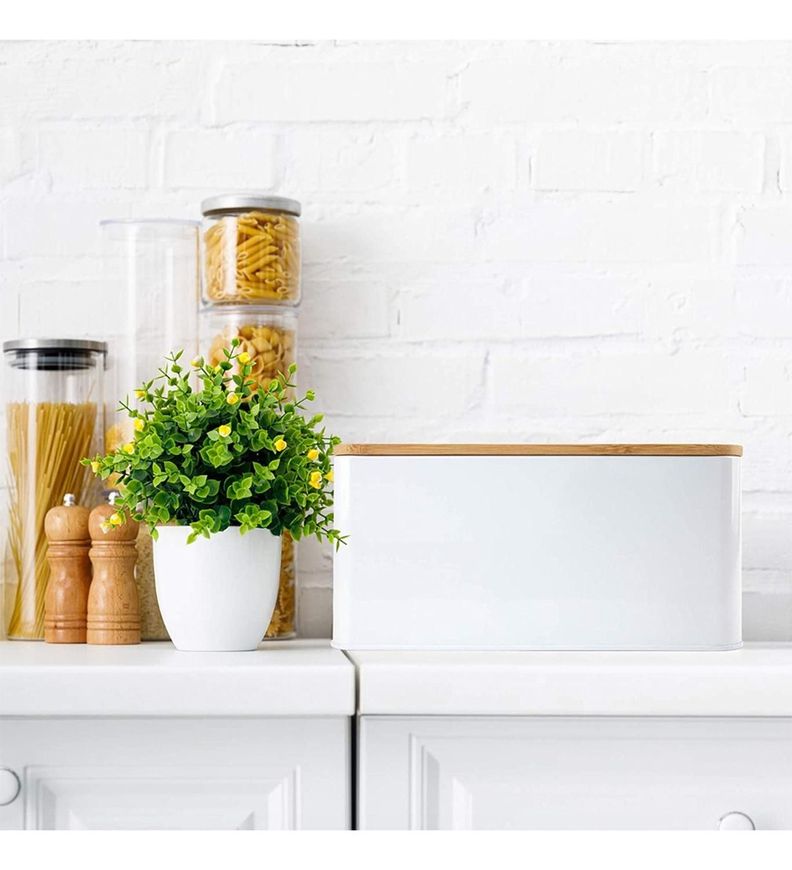 Panera Metálica con Tapa Bamboo Blanca Simplit-4